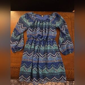 girl 10 blue geometric print dress , long sleeve, sheer sleeves